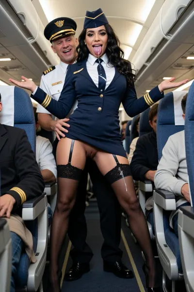 First-class, a young Latina flight attendant, dark blue uniform, white blouse, peaked cap with gold badge, black stockings, high heels, she is standing in the airplane aisle giving the safety briefing, the plane is filled with clothed passengers, beautiful face with heavy makeup, her skirt has ridden up slightly, wide-open mouth, tongue sticking out, sperm on the dress, She stands with legs apart in the aisle, both arms outstretched, revealing her garter straps, ((heavily haired pubic area)), Behind her, an older airline captain in full uniform, fully clothed, holding her hips black pubic hair, legs together, horny smile, black curly hair, curvy hourglass figure, large breasts, narrow waist, wide hips, ((lots of sperm on her uniform)), (lots of sperm on her face:1.3), the woman's eyes are fixed on the camera, the overall atmosphere is intense and provocative, emphasizing the physicality and immediacy of the scene.