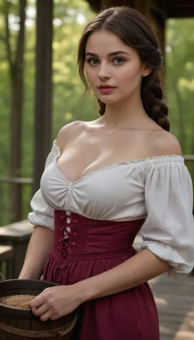 (masterpiece, best quality, ultra-detailed, photorealistic, 8k, sharp focus, cinematic lighting), a stunningly beautiful young peasant woman in her early 20s with a breathtakingly voluptuous figure. She has a heart-shaped face, flawless pale skin, large, seductive dark doe-eyes, and full, fuckable pink lips parted slightly. Her long, thick, dark brunette hair is intricately styled into a thick, heavy braid that drapes provocatively over her shoulder and rests against her massive tits. She's wearing a revealing, low-cut, off-the-shoulder white peasant blouse that struggles to contain her enormous, heavy, natural breasts, which are pushed up and spilling out, creating an incredibly deep and tempting cleavage. Her bare shoulders and décolletage are smooth and exposed. A wide, dark red sash is cinched tightly around her impossibly small waist, accentuating her perfect hourglass curves. She is holding a rustic wooden bucket filled with grain. The scene is set on a wooden porch with a lush, green forest in the background, with soft, dappled sunlight creating a shallow depth of field. Her expression is a mix of innocence and longing, a silent invitation.