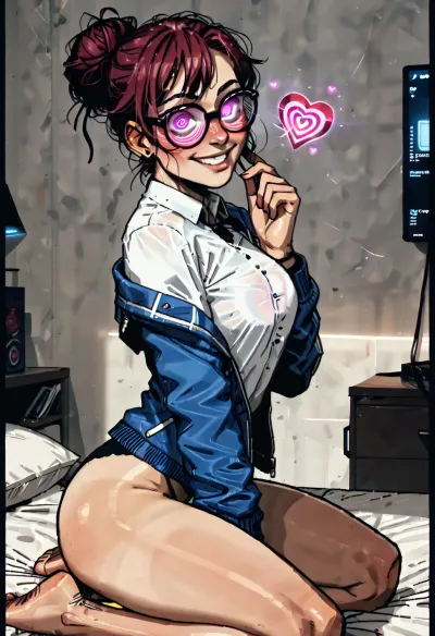 Score_9, score_8_up, score_7_up, 8k masterpiece, Incase meets markgavatino style, 1girl, (USSR sexy cute horny gamer nerd step sister:1.4), (glasses:1.2), and, (glowing hypnotized spiral hearts eyes:1.4), (under mind control:1.4), (very loving flirty smile:1.4), (very loving flirty face:1.4), (very blush on the cheeks and nose:1.4), (barefoot:1.3), (arched back:1.3), cowgirl sex bouncing on a dick, bouncing teardrop perky brests, mid-motion shot, motion blur, side view, bedroom, cute, doodle, <lora:ratatatat74-000050:.8>, <lora:outline_xl_kohaku_delta_spv5x:.8>, <lora:cutedoodle_XL-000012:.8>, <lora:NEOTOKIOXL_0.2_RC:.8>