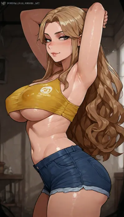 (((yellowroom art style:1.5))), solo, (arms behind her head), side view, (makeup), at abandoned room, large breasts, wavy hair, hourglass figure, sexy pose, tight yellow crop top, denin shorts, hard nipples, side boobies, off shoulder, big breasts, natural breasts, blonde hair, bangs, wide hips, smirk, long length hair, portrait, close up, score_9, <lora:detailed_notrigger:1.7>, <lora:mk_Bp Anime_xl:1.7>, <lora:narae-XL-v2-ep20:1.4>, <lora:outline_xl_kohaku_delta_spv5x:1.9>