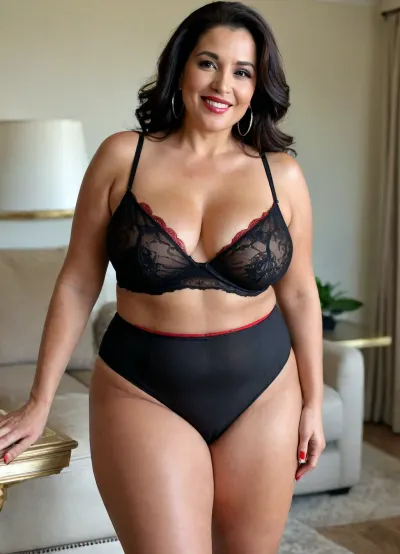 Mature housewife, (ugly), sexy 55-year-old, black hair, (dark brown skin), tall, long hair, very glamorous, large hoop earrings, necklace, very wide hips, sturdy thighs, loose culottes, very plump and curvy, sturdy legs, small belly, large, sagging breasts, living room, selfie, full-body shot, looking into the camera, sexy, cheeky smile, sexy heeled mules, close-up of the mules, charming, very hot and sexy, sexy red and black Spontex high-waisted lingerie, showing her front view from the side, legs with cellulite, rear view, playfully revealing just one bare breast, perfect hands