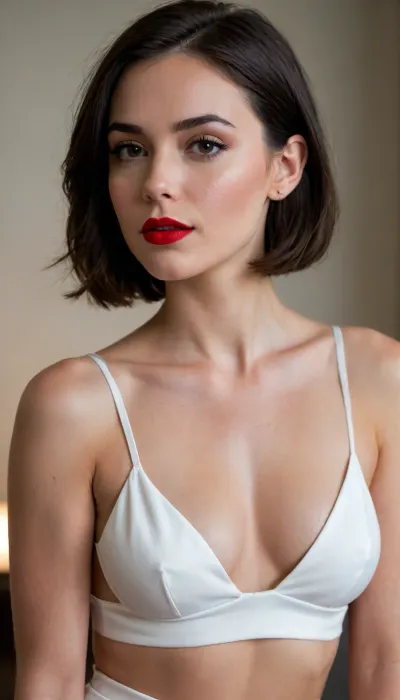young adult woman, 21 years old, sharp feline facial features, defined jawline, high prominent cheekbones, straight refined nose, arched dark eyebrows, pure white bob haircut, slender athletic build, lean toned arms, narrow waist, subtle hip curve, long slim legs, pale white skin, faint freckles across nose and cheeks, petite yet statuesque frame, elegant neck, delicate collarbones, small chest, bold red lipstick, heavy dramatic makeup, very prominent distinct tan lines, full body view