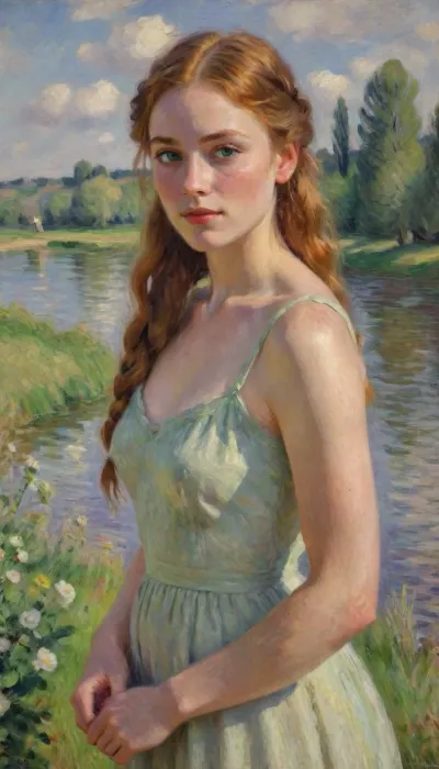 1girl, solo, petite, impressionism style painting, impressionist portrait of a sensual irish girl, 22yo, delicate natural beauty, high cheekbones, long braided ginger hair, thin, slim, green eyes, freckles, freckels on her arms and chest, tan skin, blushing, earrings, medium breasts, wearing a simple dress, sensual, looking at the camera, riverbank, flowers, clouds, sunny, (perfect lighting), (best quality), drawing, oil painting, illustration, Close up, frontal view, impressionist, painting, <lora:EldritchImpressionismXL1.5:2>, impressionism, <lora:EnvyImpressionismXL01:.8>