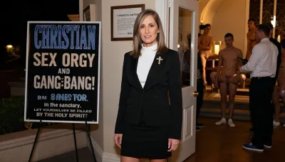 Nighttime, side lighting. A distinguished 45-year-old female pastor—very attractive and sexy—wears a black skirt suit and a white blouse, with a gold cross pinned to her lapel, she has shoulder-length light brown hair with straight bangs swept to the side. A poster stand stands beside her. The poster displays text in large letters, "CHRISTIAN SEX ORGY AND GANG-BANG! NEW FEMALE PASTOR. 8 PM in the sanctuary. LET YOURSELVES BE FILLED BY THE HOLY SPIRIT."

She is standing in the entrance of a Pentecostal church, waiting.

Male and female congregants, completely naked, are beginning the sex orgy, having sex in the sanctuary while they wait.