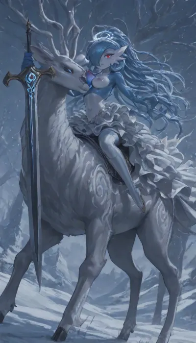 1girl, solo, 30yo, (((Shiva, Gardevoir))), (broadsword), halo, voluminous extremely long dreadlocks ponytail, slim body, perfect eyes, deep gaze, freckles, medium breasts, nipples, long ruffled skirt, very high heels, knee high boots, ((riding a giant deer)), (snowy mountains), ac_neg1, <lora:add-detail-xl:.8>