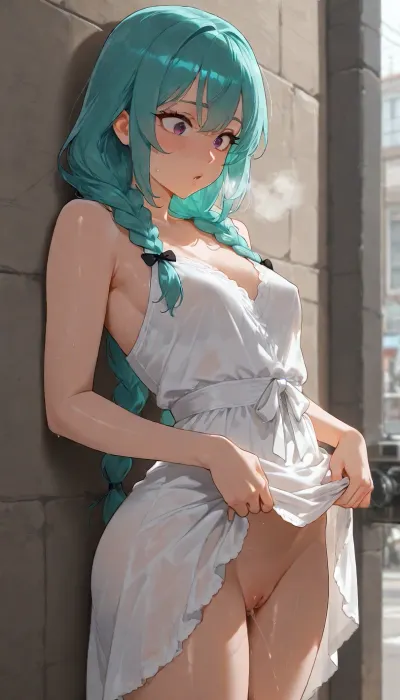 Masterpiece, 8k, petite woman with an undercut and turquoise hair wearing a summer dress, camera from the side, she leans her upper body frontally against a wall on a busy street, legs stretched out and the dress lies above her waist, beautiful face, large eyes, round face, hair in two braids with a subtle black bow in her hair, she is horny, Her body is shiny with sweat, spit, pussy juices and cum, she secretly fingers her pussy in the open street