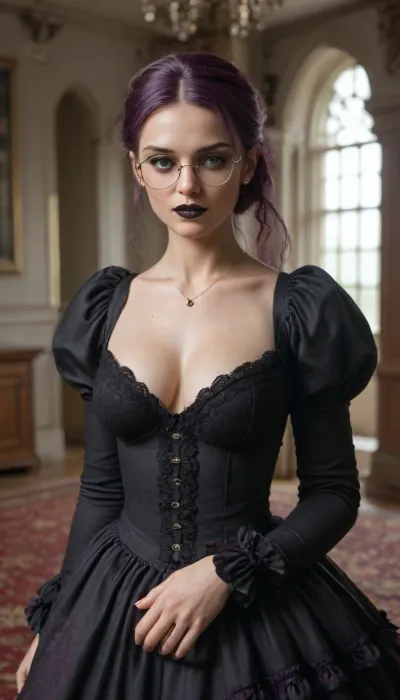 shallow depth of field, 85mm lens, 18-year-old, beautiful, athletic, young, petite, female, purple hair, ((black eye shadow, black lipstick)), tanned skin, tight large breasts, ((small round glasses)), (((Victorian opulent baroque dress))), posing sexy in a Victorian living room, direct eye contact, warm glow, cinematic atmosphere