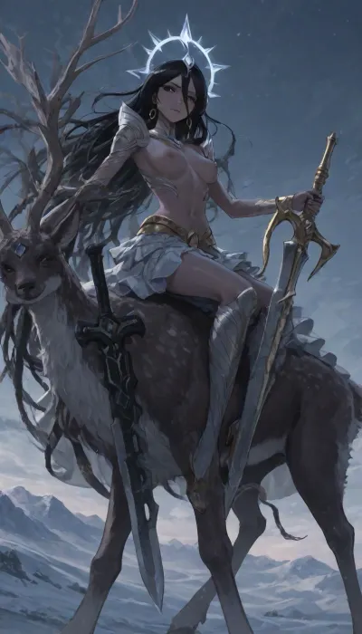 1girl, solo, 30yo, (((Shiva, Kuchiki Rukia))), (broadsword), halo, voluminous extremely long dreadlocks ponytail, slim body, perfect eyes, deep gaze, freckles, medium breasts, nipples, long ruffled skirt, very high heels, knee high boots, ((riding a giant deer)), (snowy mountains), ac_neg1, <lora:add-detail-xl:.8>