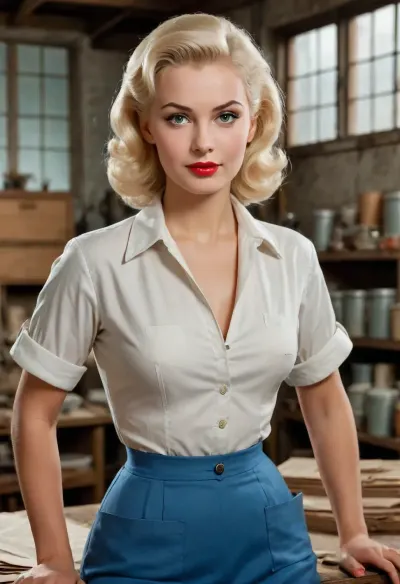 platinum blonde with hard perky breasts in work clothes, the workshop in background. USSR poster style, USSR postcard style, 1950s, USSR epoch, soviet poster art style, Soviet advertising art style, (lithography, high detailed paper texture), (1950s vintage color poster:1.3), 1950s analog photo for soviet magazine, (realistic anatomy, realistic pose), full-length image, period-accurate image