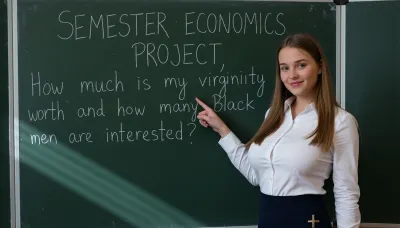 Side lighting. A 16-year-old Norwegian girl—slender, voluptuous, and full-figured—dressed in a white blouse and a private Catholic school skirt, stands in front of a dark green chalkboard, pointing at the text with her hand, the text "SEMESTER ECONOMICS PROJECT, How much is my virginity worth and how many Black men are interested?" is written on the board in chalk.