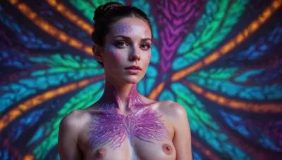 A striking naked woman with sharp cheekbones an intense gaze, perfect body, a big dick on her face, face full of cum, whole body view composition, her skin painted in glowing magenta and acid-green fractal patterns that pulse bright. sharp cyan-orange present-tense glow, Vesh's pigment seems to shift and ripple like liquid light, hinting she can see all points of the fractured timeline at once. She wears minimal UV-reactive fabric wrapped like ceremonial armor, catching blacklight in threads of electric violet. She doesn't have an echo — she doesn't need one.