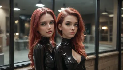 (glossy latex cut body:1.8), (shiny latex skin:1.7), (flowing shimmering crimson hair:1.3), lean supple body, (graceful woman:1.3), cleavage, (bright green eyes:1.6), jewelery store after closing time, breaking and entering, crawling inside through an open window, entering through an open window, half inside, half outside, (dark room:1.2), (dim light:1.6), (shadowy room:1.2), night