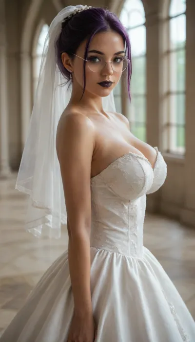 shallow depth of field, 85mm lens, 18-year-old, beautiful, athletic, young, petite, female, purple hair, ((black eye shadow, black lipstick)), tanned skin, tight large breasts, ((small round glasses)), ((bridal veil)), (((satin bridal dress))), posing sexy in a Victorian living room, direct eye contact, warm glow, cinematic atmosphere