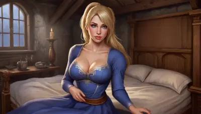 (one woman, Haelga from Skyrim, 30 year old, scandinavian, blonde medium hair ponytail, medium breasts, seductive face, licking lips), inside medieval wooden bedroom, (wearing medieval blue shirtdress, slightly exposing breasts), (sitting on medieval bed, grabbing breasts, squeezing breasts with armbra), front view, (fantasy art, artwork, digital painting, concept art, by syd mead, flat colors), <lora:CuteCombine1:1>, <lora:LegendDarkFantasy-000001:.5>