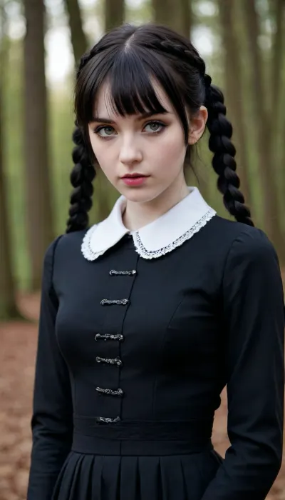 Pale gothic So-teenage girl with porcelain-white skin, long jet-black hair styled into two perfectly symmetrical braids, straight blunt bangs framing her forehead, deep dark almond-shaped eyes with a cold, piercing gaze, thin naturally arched eyebrows, small straight nose, pale lips, expressionless face, delicate oval facial features, slim and petite figure, dressed in a fitted black Victorian-inspired dress with a crisp white pointed collar and long sleeves, elegant yet austere appearance, dark gothic aesthetic, mysterious, emotionless, highly detailed, realistic. flat, (naked pussy), ((detaled pussy))