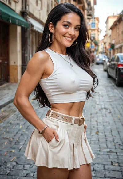 claudia, milf walking past in the street, (sleeveless baggy cropped tshirt), (tiny cowgirl skirt with a belt), chin up, black black hair, (thick long hair), silver hoop earrings, silver bracelets, silver necklace, (hands in skirt pockets), side view, (latina), very tanned, 1girl, (milf face:1.2), 35yo, beautiful, (medium breasts), (erect nipples:.6), (suggestive smile:1), ((blue eyes)), (looking straight at viewer), ((eye contact)), (very fit), (large quads), (wide hips), (flat ass), <lora:TLS:1>