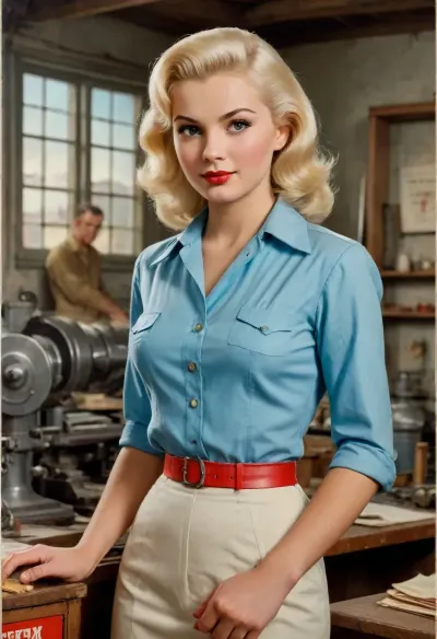 platinum blonde with hard perky breasts in work clothes, the workshop in background. USSR poster style, USSR postcard style, 1950s, USSR epoch, soviet poster art style, Soviet advertising art style, (lithography, high detailed paper texture), (1950s vintage color poster:1.3), 1950s analog photo for soviet magazine, (realistic anatomy, realistic pose), full-length image, period-accurate image