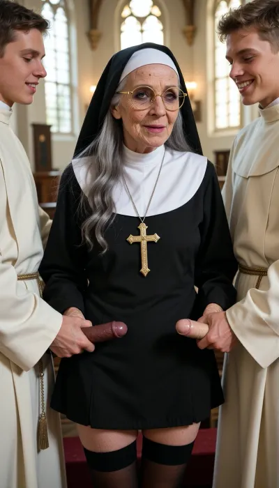 4k ultra high resolution, full body view of a elderly very old ugly, (90 years old, very slim), norwegian nun standing between 2 standing 18 year old priests, (priests with both hands behind back), nun is holding the veiny cocks horizontally in her hands, (one small and very dark brown penis, one small and pale penis), long grey hair, ultra high detailed face, big skin wrinkles and many dark freckles, dark eyelids, long black eyelashes, grey eyes, nun is wearing a traditional nun's habit, long black stockings, golden pentagonal glasses, nun is looking to the priest no her right side, smiling bright and showing teeth, old veiny hands, big golden traditional cross, background church, high noon with warm sunbeams