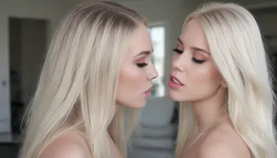 Two hot girls kissing, <lora:kissing_v2:1.9>, 20yo, (upper body visible), (straight hair:1.6), 2 white blonde., (UHD 8K:2), 45° side view, hair on her back, long wavy flowing hair, (white blonde hair:1.3)