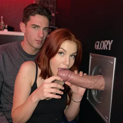 Authentic amateur smartphone photo, grainy, dim indoor lighting with red tones, candid style.

Eine sexy Frau mit roten haaren sitzt in einem dunklen raum mit glory hole, ein harter ultra-realistischer penis wird durch das glory hole gesteckt, sie fasst den penis vorsichtig an und lächelt schüchtern in die kamera, ihr mund ist geöffnet, sie will den penis in den mund nehmen, ihr freund mit kurzen braunen haaren sitzt direkt hinter ihr und schaut skeptisch in die kamera

realistischer penis mit realistischer größe, maximale details

Full body view, alle personen sind voll sichtbar, der mann schaut in die kamera