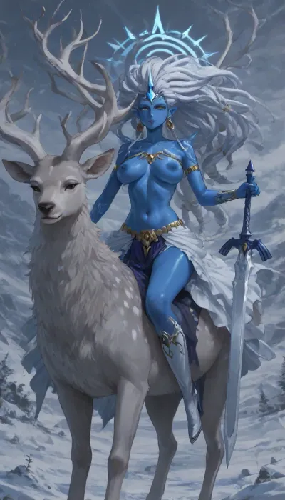 1girl, solo, 30yo, (((Shiva, Princess Zelda))), (broadsword), halo, voluminous extremely long dreadlocks ponytail, slim body, perfect eyes, deep gaze, freckles, medium breasts, nipples, long ruffled skirt, very high heels, knee high boots, ((riding a giant deer)), (snowy mountains), highres, best quality, ac_neg1, <lora:add-detail-xl:1.4>
