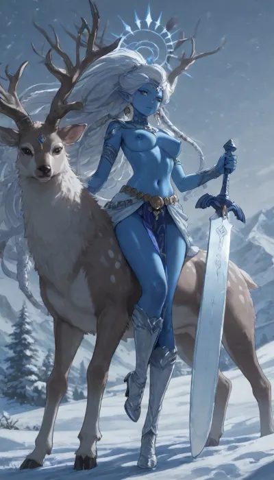 1girl, solo, 30yo, (((Shiva, Princess Zelda))), (broadsword), halo, voluminous extremely long dreadlocks ponytail, slim body, perfect eyes, deep gaze, freckles, medium breasts, nipples, long ruffled skirt, very high heels, knee high boots, ((riding a giant deer)), (snowy mountains), highres, best quality, ac_neg1, <lora:add-detail-xl:1.4>