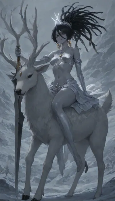 1girl, solo, 30yo, (((Shiva, Kuchiki Rukia))), (broadsword), halo, voluminous extremely long dreadlocks ponytail, slim body, perfect eyes, deep gaze, freckles, medium breasts, long ruffled skirt, very high heels, knee high boots, ((riding a giant deer)), (snowy mountains), ac_neg1, <lora:add-detail-xl:.8>