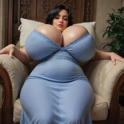 (Wendy Fiore:1.5), (Reiq style:.8), (big lower belly:1.37), beautiful solo 30 year old, closeup, from below, Sitting in an armchair, (huge breasts:1.5), (huge cleavage), black hair, tight waist, eyes shut, head on pillow, luxury hotel bedroom