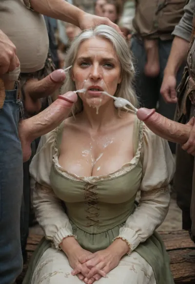 1700's time period, (beautiful old woman with massive saggy boobs:1.5), (big cleavage), (fully clothed in medieval period clothing:1.5), sitting on a log, (several men wearing medieval period clothing standing near to her:1.3), (only their lower body is in the image), (their massive wide and long hard cocks are out of their pants close to her face), (disgusted look), (her eyes are locked at the massive cocks:1.3), (men masturbating their cocks and cumming on her face:1.3), (excessive amount of cum hitting her face:1.3), (excessive amount of sperm dripping from her face down to her breasts:1.3), (face and breasts splattered with cum:1.3), (woman's face covered in cum:1.3), woman, cum, on, face, <lora:JustCum:1.8>