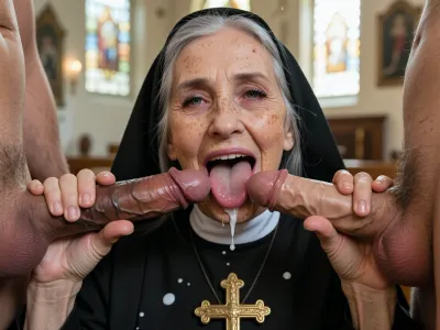 4k ultra high resolution, face of a elderly very old ugly, (90 years old, very slim), norwegian nun is licking 2 veiny cocks, (one very dark brown penis, one pale penis), in front of her from 2 standing men, woman holds the cocks horizontally with both hands, licking the tips of the cumdripping cocks with her long tongue, (much cum on tongue and cumdripping), long grey hair, ultra high detailed face, big skin wrinkles and many dark freckles, dark eyelids, long black eyelashes, grey eyes, cumcovered lips, nun is wearing a traditional nun's habit, neck full of white cumspots, nun is laughing without teeth, old veiny hands, big golden traditional cross, background church, high noon with warm sunbeams