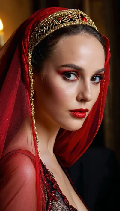 Extreme full body portrait of a beautiful woman with intense amber eyes, dramatic golden and black eye makeup, red lips slightly parted, face partially covered by a translucent red veil, ornate silver and red beaded headpiece across her forehead, soft skin, highly detailed eyes, cinematic lighting, mysterious and seductive mood, photorealistic painting style