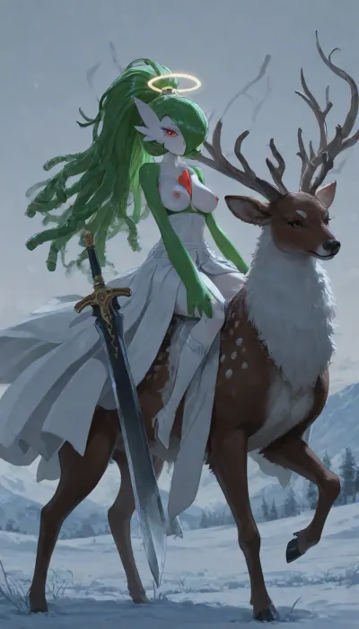 1girl, solo, 30yo, (((Gardevoir))), (broadsword), halo, voluminous extremely long dreadlocks ponytail, slim body, perfect eyes, deep gaze, freckles, medium breasts, nipples, long ruffled skirt, very high heels, knee high boots, ((riding a giant deer)), (snowy mountains), ac_neg1, <lora:add-detail-xl:.8>