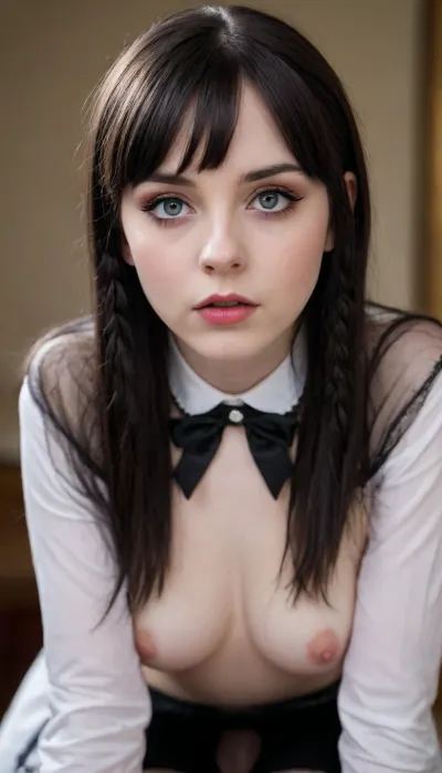 Pale gothic, ((So-cute-teenage naked girl)), with porcelain-white skin, long jet-black hair styled into two perfectly symmetrical braids, straight blunt bangs framing her forehead, deep dark almond-shaped eyes with a cold, piercing gaze, thin naturally arched eyebrows, small straight nose, pale lips, expressionless face, delicate oval facial features, slim and petite figure, dressed in a fitted black Victorian-inspired dress with a crisp white pointed collar and long sleeves, elegant yet austere appearance, dark gothic aesthetic, mysterious, emotionless, the dress is unbuttoned, highly detailed realistic, black long socks. She is flat, detailed vagina, Legs open, menstruation
