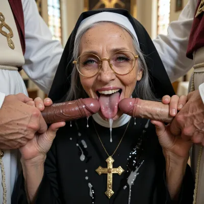 4k ultra high resolution, face of a elderly very old ugly, (90 years old, emaciated), norwegian squatting nun is licking 2 veiny cocks, (one dark brown penis, one pale penis), in front of her from 2 standing priests, woman holds the cocks horizontally with both hands, licking the tips of the cumdripping cocks with her long tongue, (much cum on tongue and cumdripping), priests hands are touching the nun's head and the nuns back, long grey hair, ultra high detailed face, big skin wrinkles and many dark freckles, dark eyelids, long black eyelashes, grey eyes, nun is wearing a black nun's habit full of cum with many cumspots, cumdripping long chin, big golden traditional cross, round golden glasses, nun is smiling bright and showing teeth, old veiny pale body skin and veiny hands, background church, high noon with warm sunbeams