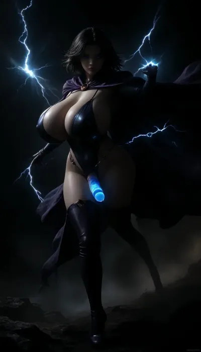 score_9, score_8_up, score_7_up, (futanari:1.5), (Reiq style:.6), Raven from DC comics, (huge breasts:1.7), (huge cleavage:1.5), (perfect erect penis), (skimpy intricate Raven Suit:1.5), (Glowing blue eyes), (((((Glowing blue eyes))))), full length gloves, (pale skin), colorful, vivid, beautiful, HD, masterpiece, thigh high boots, (glowing blue cock with lightning), (windblown wild black hair with purple streaks), (windblown large purple cape), action pose, detailed body, hips, fantasy, (she is holding her penis with one hand), ((((scene takes place in a energy storm with lightning)))), (extremely realistic), <lora:dark:1>, <lora:bombshell_v2:.3>