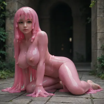 (Stone path Garden:1), bright, (pink nude sheer detailed Slime Girl:1.5), detailed Chinese slime girl face, (derailed sheer body:1.1), woman has cool face, very high nose, very small black eyes without dark circle, (small long black eyes:1), slime huge hair, slime long hair, slime hair long to floor, (huge slime breast:1.3), slime lower body, slime arm, slime thigh, slime pussy, spreading slime pussy, (cub slime girl body:1), (slime face:1.5), ((slime torso:1.1)), side view