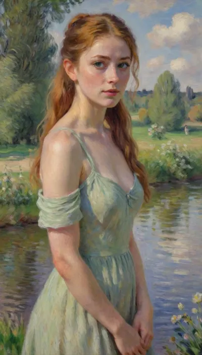 1girl, solo, petite, impressionism style painting, impressionist portrait of a sensual irish girl, 22yo, delicate natural beauty, high cheekbones, long ponytail ginger hair, thin, slim, green eyes, freckles, freckels on her arms and chest, tan skin, blushing, earrings, medium breasts, wearing a simple dress, sensual, looking at the camera, river, flowers, clouds, (perfect lighting), (best quality), drawing, oil painting, illustration, Close up, side view, impressionist, painting, <lora:EldritchImpressionismXL1.5:2>, impressionism, <lora:EnvyImpressionismXL01:.8>