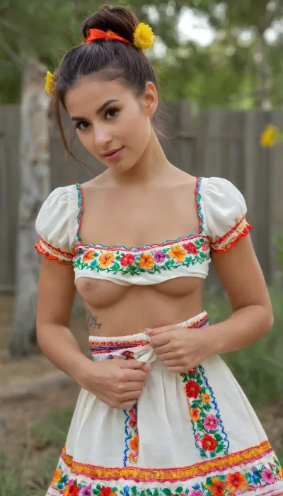 (Realistic:1.7), (Pro quality:1.5), Her skin has the warm, golden tone of the Mexican sun, a blend of indigenous and Spanish roots. Her hair is long and straight black, tied in a high bun with red and green ribbons, or loose with typical hair flowers, a style full of life and tradition. Her body is full of soft and striking curves, with prominent and soft breasts that stand out with every movement. She wears a dress with colorful fabrics, hand-embroidered with folkloric motifs, a square neckline that delicately exposes her chest – every detail references the festivals, music, art, and intense joy of Mexican culture., (High, Resolution), (More, Details), (8K), detailxl, <lora:add-detail-xl:1.5>, <lora:style_lora_realis:.5>, <lora:checkpoint-e100_s400:1.3>, <lora:eGirls_XL_v1:.7>