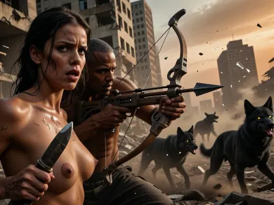 A post-apocalyptic, ruined city at sunset, during the ‘golden hour’. In the foreground is a beautiful woman with long, dark, unkempt hair, her face, hands and body covered in dirt and scratches, her breasts are bare, her body glistening slightly with sweat, in her right hand she holds a homemade knife, her expression tense and frightened. Immediately behind her stands a muscular, dark-skinned man with a very short haircut and a bare torso, aiming with both hands from a homemade crossbow loaded with a heavy bolt. To the right is a pack of black wolves with glowing yellow eyes, running amongst the ruins. Background, ruined concrete skyscrapers, piles of rubble, flying shards of glass and dust. Dramatic, warm orange-gold lighting from the low sun, strong backlighting, voluminous rays illuminating the dust and fur, deep shadows on faces and bodies, cinematic realism, high detail in the skin, fur and textures, ultra-detailed.
