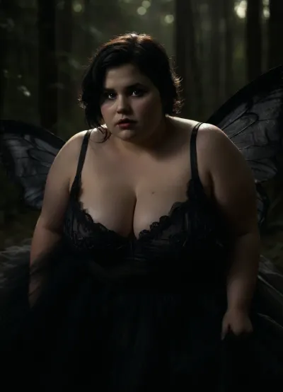 Close-up Portrait, Field of depth, dark Fantasy picture, obese Scarry fairy girl, fairytale, chubby cute face, playful happy, black short hair, dark forrest, dark shiny butterfly wings, waist, chubby arms, ((bra)), huge fat chubby cleavage, tulle skirt, (dark, low light image), fully clothed, eyeliner, rouged cheeks, moon light, at Night, <lora:style_lora_realis:.8>, <lora:dark:.8>