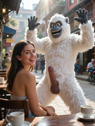Focused shot of a travel memory. Focus on faces. Detailed depiction. a 23 yo superb tourist woman who is sitting at a cafe table, she turns her head towards the camera, amused smile. close to her a white yeti hairy costume with yeti face in a street of Katmandou, he is dancing, his hands in air, between his legs his big dick is standing. Perfect faces. Ultra detailed. photo realistic, depth of field, sun burst.