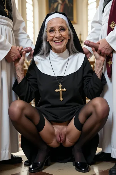 4k ultra high resolution, full body view of a elderly very old ugly, (90 years old, emaciated), norwegian little nun squatting between 2 standing 18 year old priests, touching the nun's habit and the nuns back, nun holds the veiny cocks of the priests horizontally with both hands, (one small and very dark brown penis, one small and pale penis), long grey hair, ultra high detailed face, big skin wrinkles and many dark freckles, dark eyelids, long black eyelashes, grey eyes, nun is wearing a traditional nun's habit, big golden traditional cross, long black stockings, flat black shoes, fully shaved pussy with very long dark pussy lips, round golden glasses, nun is smiling bright and showing teeth, old veiny body skin and veiny hands, background church, high noon with warm sunbeams