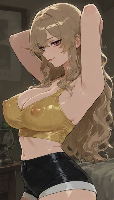 (((lmsketch style:2))), solo, (arms behind her head), side view, (makeup), at abandoned room, large breasts, wavy hair, hourglass figure, sexy pose, tight yellow crop top, denin shorts, hard nipples, side boobies, off shoulder, big breasts, natural breasts, blonde hair, bangs, wide hips, smirk, long length hair, portrait, close up, score_9, <lora:detailed_notrigger:1.7>, <lora:mk_Bp Anime_xl:1.7>, <lora:narae-XL-v2-ep20:1.4>, <lora:outline_xl_kohaku_delta_spv5x:1.9>
