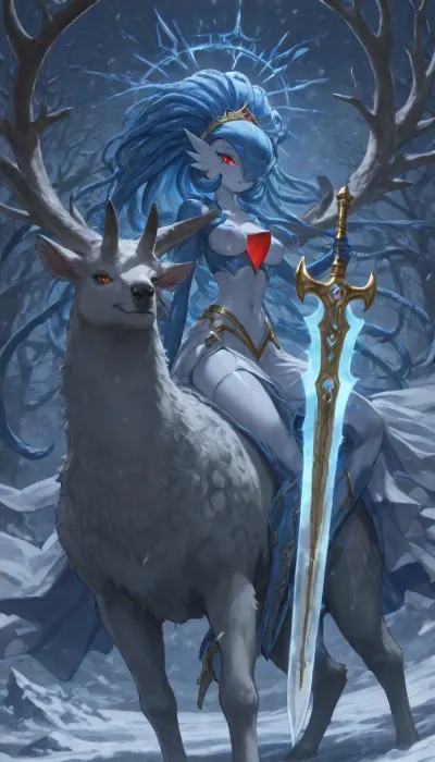 1girl, solo, 30yo, (((Shiva, Gardevoir))), (broadsword), halo, voluminous extremely long dreadlocks ponytail, slim body, perfect eyes, deep gaze, freckles, medium breasts, nipples, long ruffled skirt, very high heels, knee high boots, ((riding a giant deer)), (snowy mountains), ac_neg1, <lora:add-detail-xl:.8>