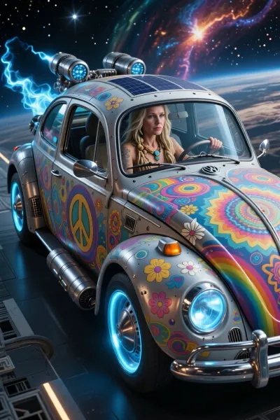 Masterpiece, ultra-realistic cinematic science fiction photography, breathtaking deep-space realism. The entire, beautifully restored 1973 Volkswagen Beetle is fully visible within the frame, never cropped by the image borders. Its iconic silhouette is instantly recognizable while transformed into an extraordinary interstellar spacecraft. The original body is covered in colorful, hand-painted hippie artwork featuring peace symbols, flowers, mandalas, rainbows, and psychedelic patterns. Heavy armor plating, thermal protection tiles, and exposed mechanical details blend seamlessly into the classic design. Four large, flat, circular anti-gravity discs have been seamlessly integrated into the original wheel arches, each featuring concentric metallic rings around a softly glowing blue energy core. Two streamlined cylindrical ion propulsion pods are mounted horizontally beneath the doors, perfectly blended into the bodywork, with brushed titanium housings, glowing blue energy rings and compact maneuvering nozzles. Slim deployable solar panels are subtly integrated into the roofline and rear body. Powerful rear-mounted twin engines eject brilliant blue plasma far behind the spacecraft, leaving a long, gently curving luminous trail that conveys speed and graceful motion. Deep inside the fully enclosed cockpit, visible only through the panoramic armored windshield, sits an extraordinarily beautiful 33-year-old hippie pilot, securely seated behind the steering wheel and completely surrounded by the Beetle's interior. She is the unmistakable focal point of the composition. Her harmonious facial features, high cheekbones, expressive almond-shaped emerald green eyes, subtle freckles, and realistic skin texture are rendered with exceptional portrait realism. Long blonde dreadlocks decorated with shells and wooden beads float weightlessly. One hand rests naturally on the steering wheel while the other operates integrated illuminated flight controls. Warm amber cockpit lighting softly sculpts her face as cool blue instrument lights create cinematic contrast. Outside, colorful nebulae, distant galaxies, and glowing star clusters surround the spacecraft. Hyper-realistic lighting, HDR, extraordinary microcontrast, razor-sharp detail, IMAX-quality realism, award-winning photography, ultra-high resolution, impossible realism.