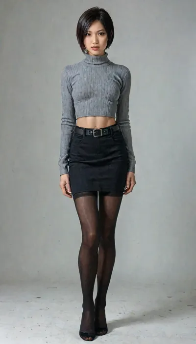 8k, score_9, score_8_up, score_7_up, score_6_up, FILM PHOTOGRAPHY STYLE, cinematic photography of a woman, professional portrait photo realism, ada wong from resident evil, dark red dree slong turtleneck sweater, tight sweater, above knee sweater, black belt, black stockings, no pants, no skirt, tight waist, white background, facing straight, front view, full body view, <lora:ratatatat74-000050:.8>, <lora:NEOTOKIOXL_0.2_RC:.8>, <lora:detailed_notrigger:2>, <lora:LCMTurboMix_Euler_A_fix:.8>