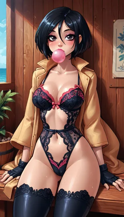 (innv meets jack cayless style), (reiq style, masterpiece, cel-shaded, limited color palette), ((Beautiful Sexy jubilee from marvel rivals game body)), (1girl, solo, alone), (vary short cut black hair), (Japanese Korean, gorgeous, seductive face, mature, ads, perfect breast, perfect hands, perfect legs, perfect waist, perfect thighs, perfect hips, perfect ass, hard nipped, pubic hair, sweaty body), (pink lipstick, pink blush, pink eyeshadow, black eyeliner, long lashes), (Bubblegum in mouth), (tight lingerie X crisscross bra), (lingerie thong), (with camel toe), (blue thigh-high boots), (Pink glass Rimless Futuristic pink glasses), (spandex yellow coat), (fingerless black gloves), (doing party shot pose), (sauna, steam, summer, beach, tropical, flowers, plants sauna background), <lora:mk_Bp Anime_xl:2>, <lora:LCMTurboMix_Euler_A_fix:2>, <lora:eGirls_XL_v1:2>, <lora:Marvel_Rivals:2>, <lora:EnvyBeautyXL08:2>