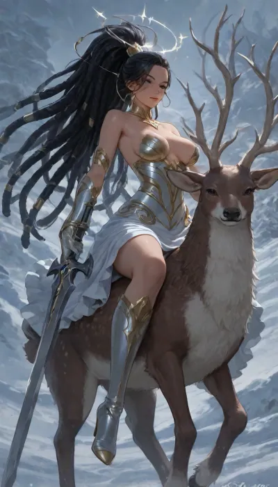 1girl, solo, 30yo, (((Shiva))), (broadsword), halo, voluminous extremely long dreadlocks ponytail, slim body, perfect eyes, deep gaze, freckles, medium breasts, exposed breasts, long ruffled skirt, very high heels, knee high boots, ((riding a giant deer)), (snowy mountains), ac_neg1, <lora:add-detail-xl:.8>