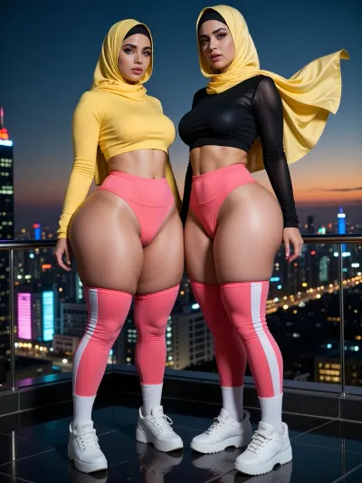 (two hejab women:1.39999), front view, two yellow hijabi women, blue eyes, tight tops, natural buttocks alignment, huge massive ass, colossal ass, gigantic ass, hyper massive ass, oversized colossal ass, shapely bottom, standing straight, chest facing camera, cinematic lighting, (extreme hyper bulging butt:1.3), (massive colossal ass sticking out:1.3), 2 women, (hejab covering hair completely:1.3), (elegant yellow silk hejab draped gracefully:1.3), beautiful face, perfect detailed face, large round eyes, looking at viewer, thick lips, full lips, (hyper hourglass body:1.3), hyper hips, (hyper thighs:1.3), (hyper ass:1.3), giant massive ass, gigantic massive hips, massive thick wide thighs, hyper massive thick wide ass, massive thick round ass, (gigantic wide massive hips:1.3), (massive thick wide thighs:1.3), hyper massive thick wide, ultra attenuated waist, ultra-long supermodel legs, endless toned legs, legs that go on forever, wearing ultra-tight high-waisted seamless athletic in neon coral pink with white side stripes, the so smal that the lower half of their massive glutes is completely exposed, a matching cropped sports bra top that barely covers their chest, a sheer black mesh long-sleeve cover-up open at the front, black hejab, white ankle socks, and chunky white platform sneakers, standing on a futuristic glass rooftop terrace at night, with sprawling city lights and a glowing sunset horizon behind them, soft cool breeze blowing their hejabs and cover-ups dramatically, cinematic cityscape background, neon reflections on the glass floor, photorealistic, highly detailed, 8k, sensual yet powerful sporty chic fashion editorial atmosphere.