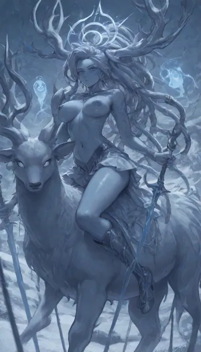 1girl, solo, 30yo, (((Shiva, ghost))), (double sword), halo, voluminous extremely long dreadlocks ponytail, slim body, perfect eyes, deep gaze, freckles, medium breasts, nipples, long ruffled skirt, very high heels, knee high boots, ((riding a giant deer)), (snowy mountains), highres, best quality, ac_neg1, <lora:add-detail-xl:1.4>